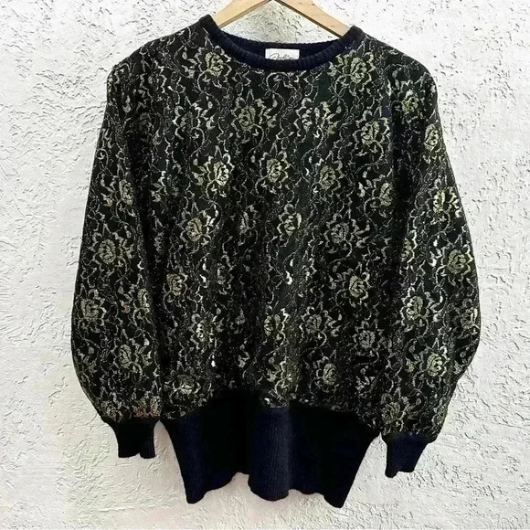 Vintage‎ wool black sweater with gold lace size small - Picture 1 of 5